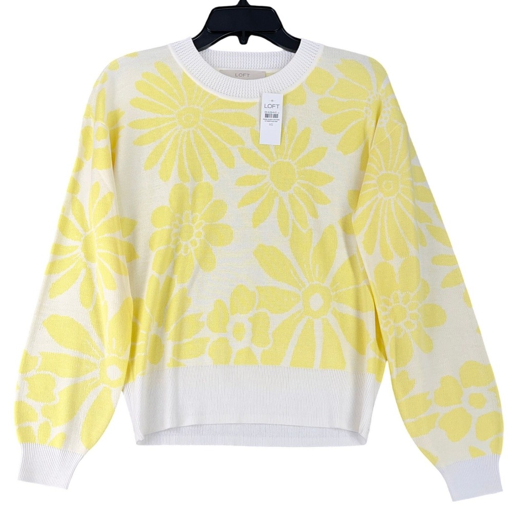 LOFT Floral‎ Sweater Womens XS Yellow White Crew Neck Long Sleeve Pullover Boho